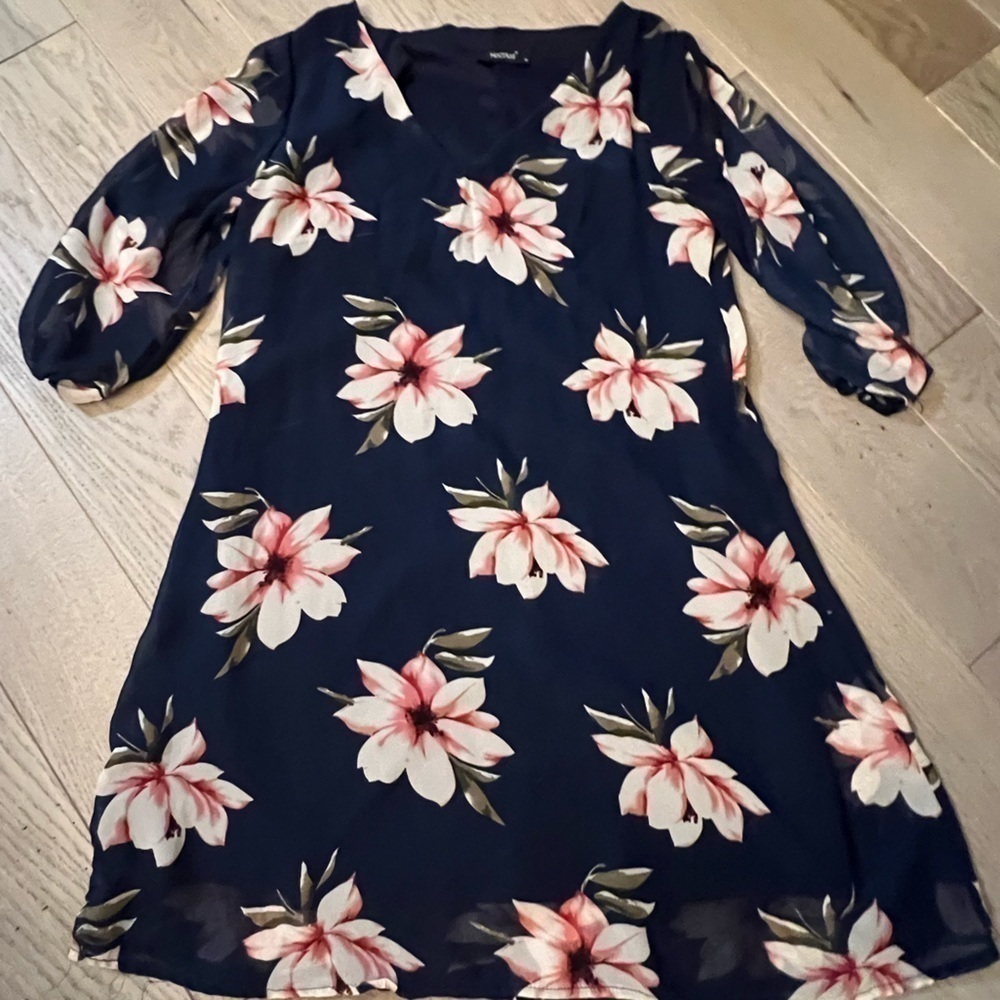 NAVY w/ white and pink floral pattern, v-neck, cold shoulder mini swing dress